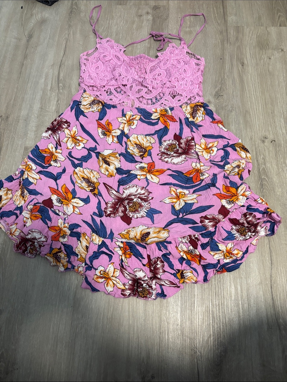 Umgee Pink Floral Lace Cami Dress with Navy & Orange Accents